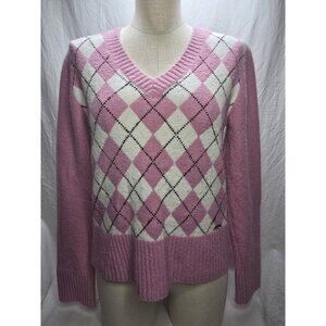 Point Zero XL Nicole Benisti Pink And White Argyle Sweater- Y2K- XL fits Smaller